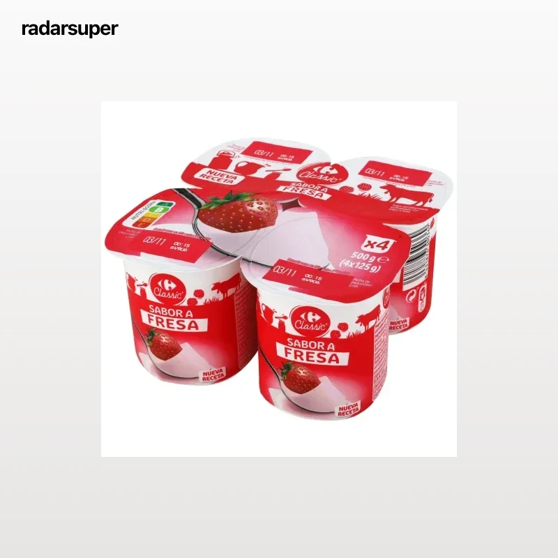 Yogur sabor fresa Carrefour Classic' pack de 4 unidades de 125 g.