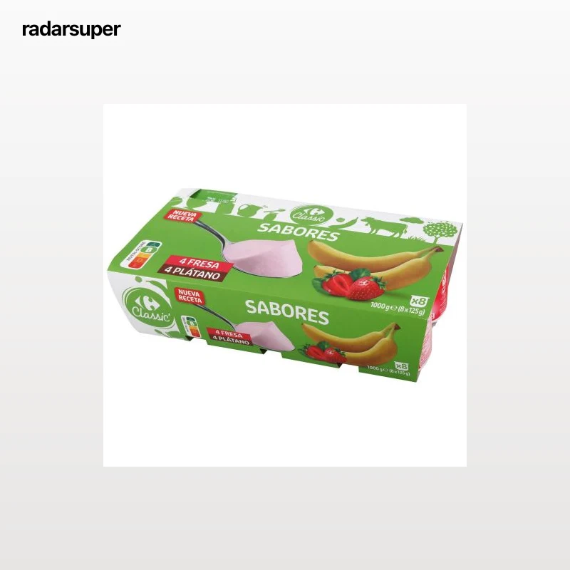 Yogur sabor fresa y plátano Carrefour Classic' pack de 8 unidades de 125 g.