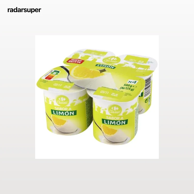 Yogur sabor  limón Carrefour Classic' pack de 4 unidades de 125 g.
