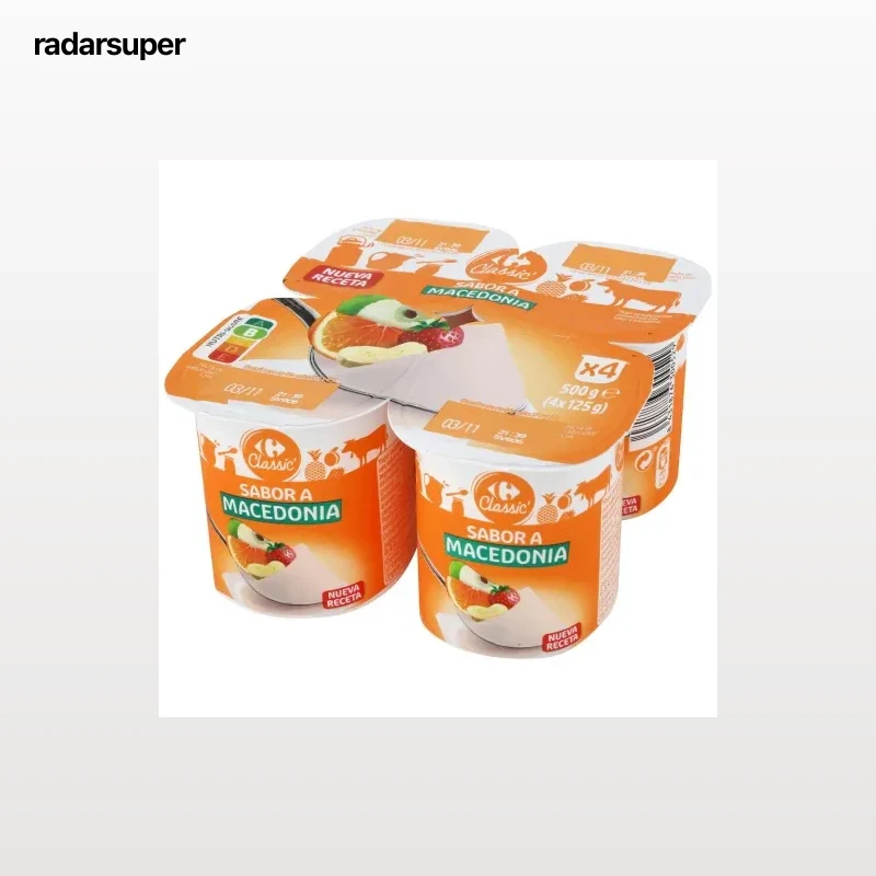 Yogur sabor macedonia Carrefour Classic' pack de 4 unidades de 125 g.