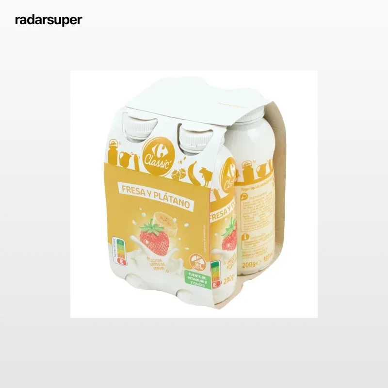 Yogur semidesnatado líquido de fresa y plátano Carrefour Classic sin gluten pack de 4 unidades de 200 ml.
