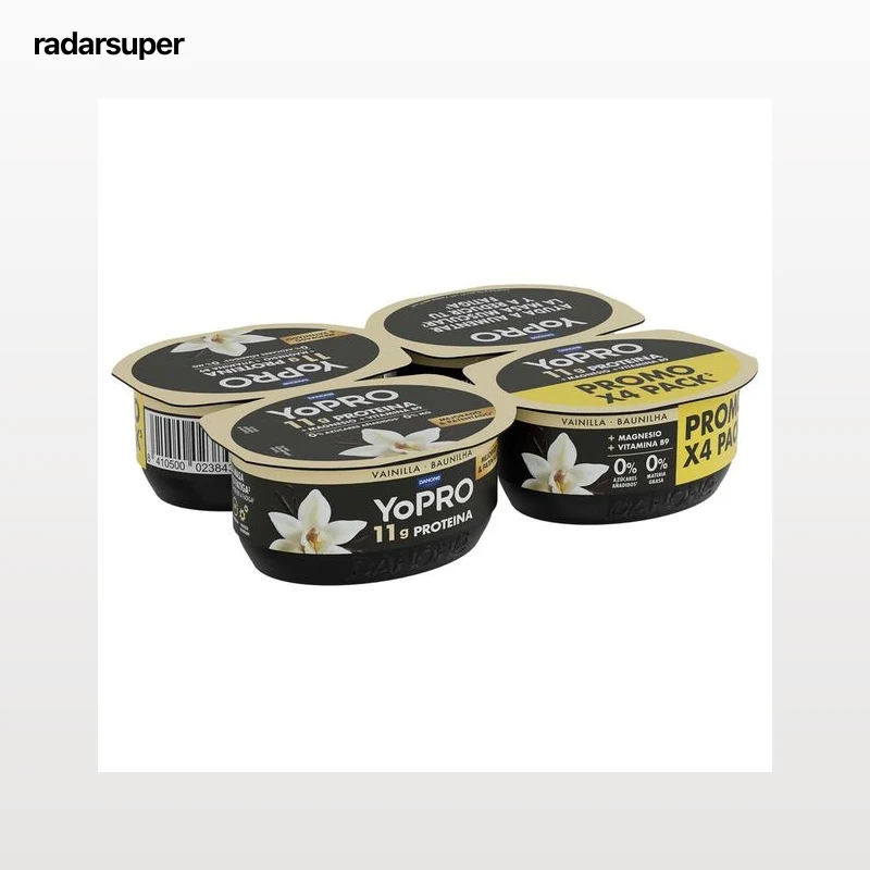 YOPRO de Danone Leche fermentada a vainilla, rico en proteínas y sin azúcares añadidos ni grasa 4 x 120 g.