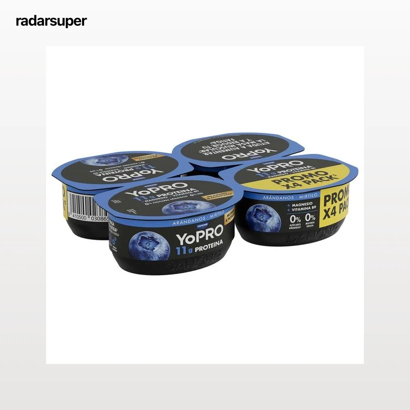 YOPRO de Danone Leche fermentada con arándanos, rico en proteínas y sin azúcares añadidos ni grasa 4 x 120 g.