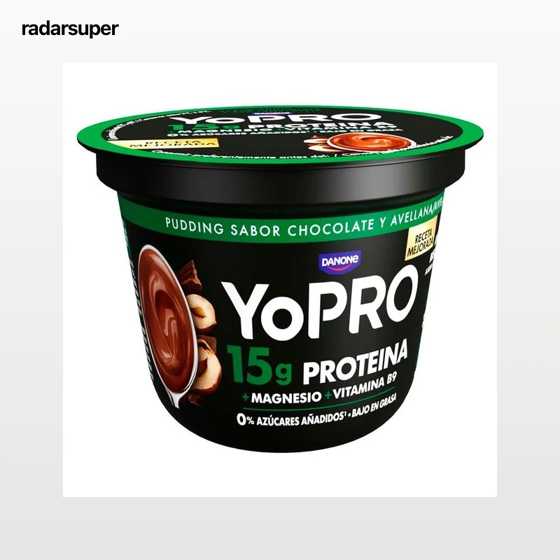 YOPRO de Danone Pudding sabor chocolate y avellana con alto contenido en proteina 150 g.