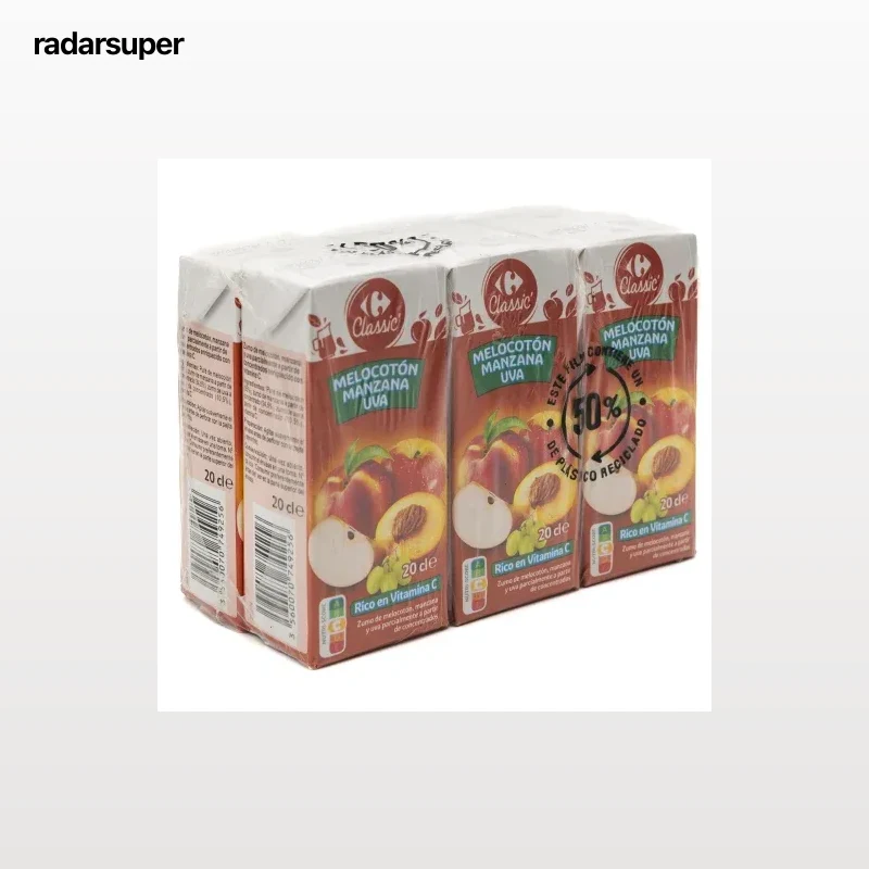 Zumo de melocotón, manzana y uva Carrefour Classic pack de 6 briks de 20 cl.