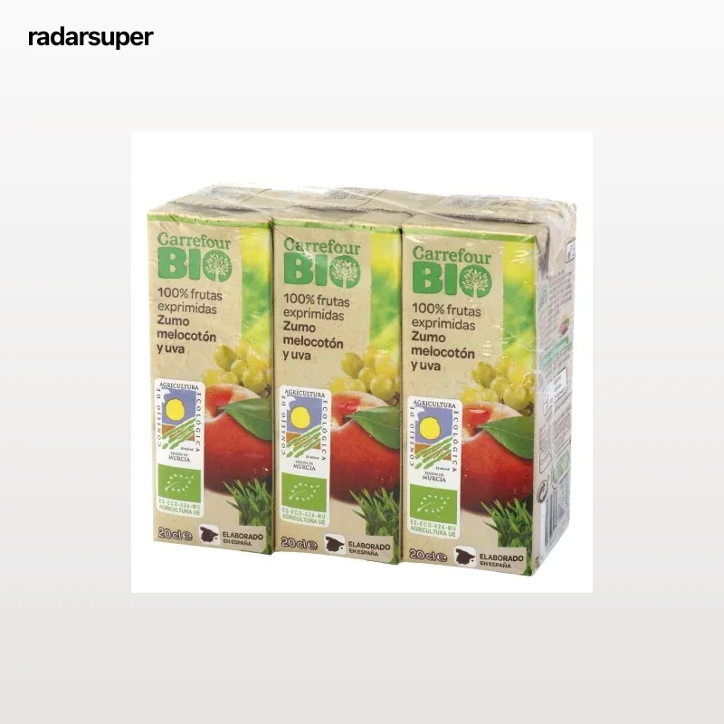 Zumo de melocotón y uva ecológico Carrefour Bio exprimido pack de 3 briks de 20 cl.