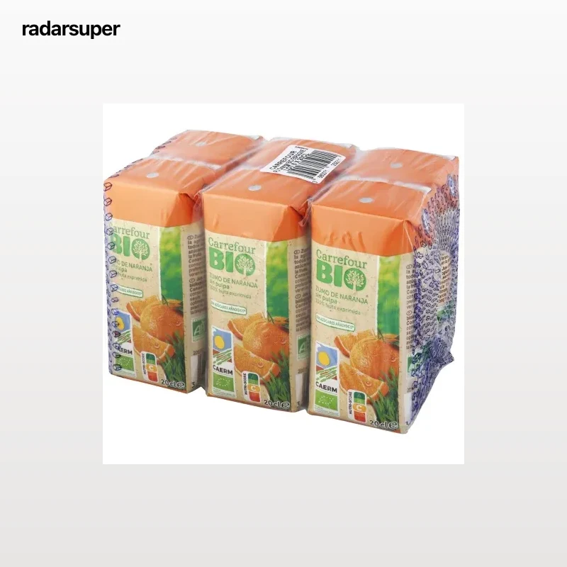 Zumo de naranja Carrefour ecológico exprimido sin pulpa pack de 6 briks 20 cl.