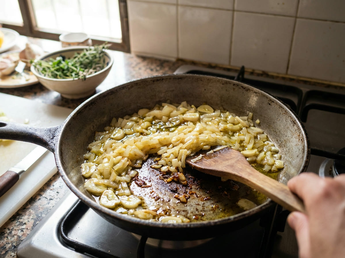 Sofríe la cebolla y el ajo