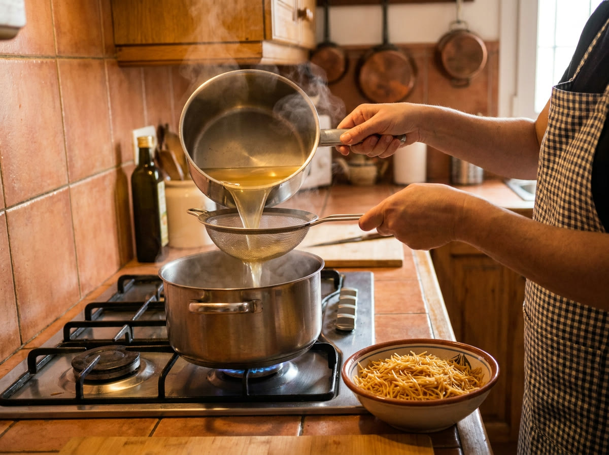 Cuela el caldo y hierve los fideos