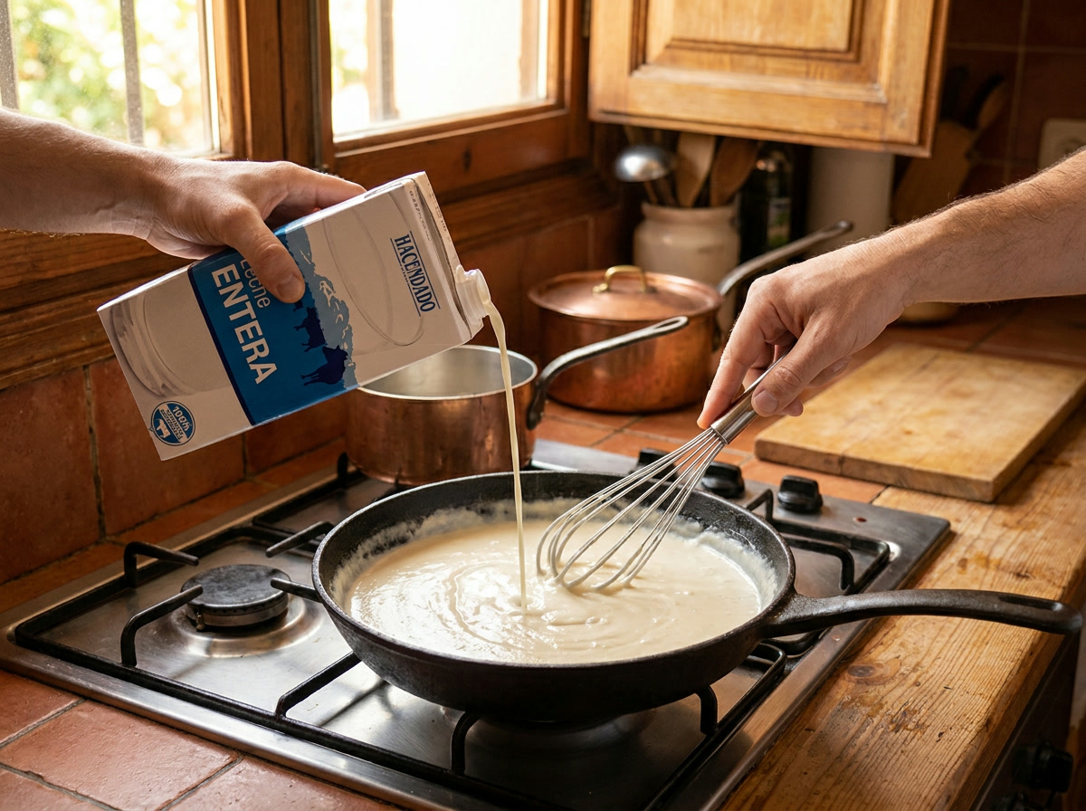 Añade la leche y liga la masa