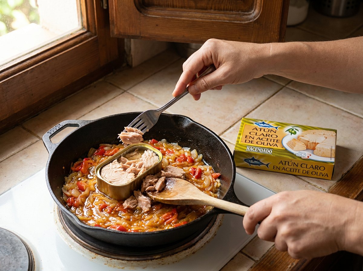 Mezcla el atún con el sofrito