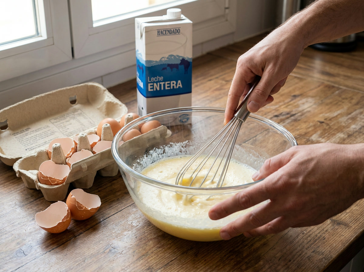 Mezcla huevos, leche y azúcar