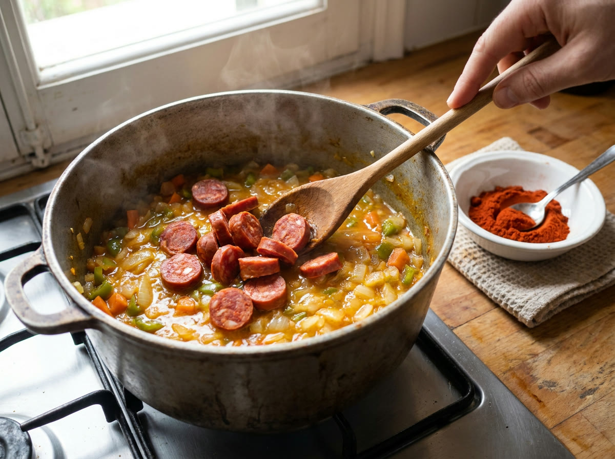 Añade el chorizo y el pimentón