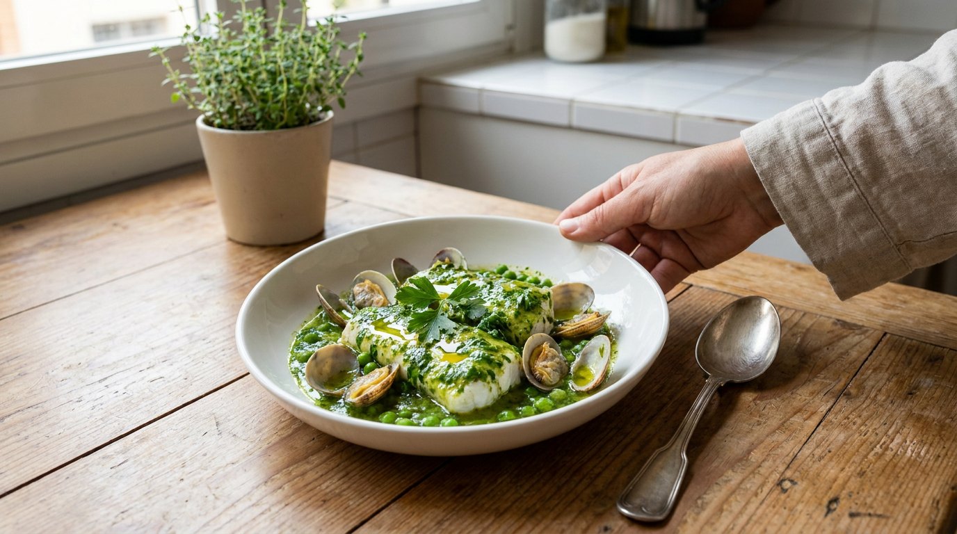 Merluza en salsa verde con almejas y guisantes