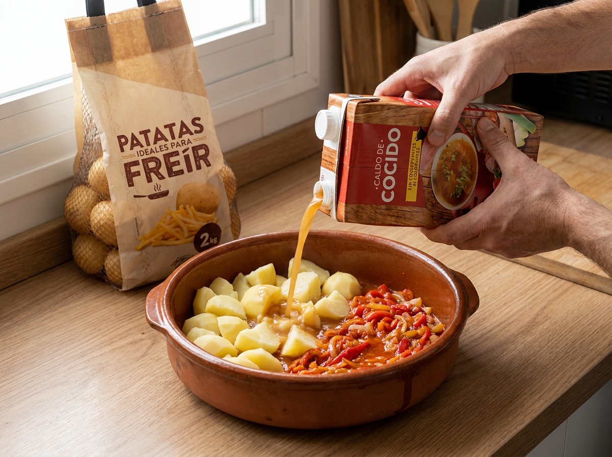 Incorpora las patatas y el caldo