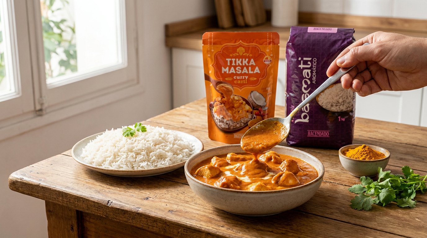 Pollo al curry con arroz basmati — plato terminado
