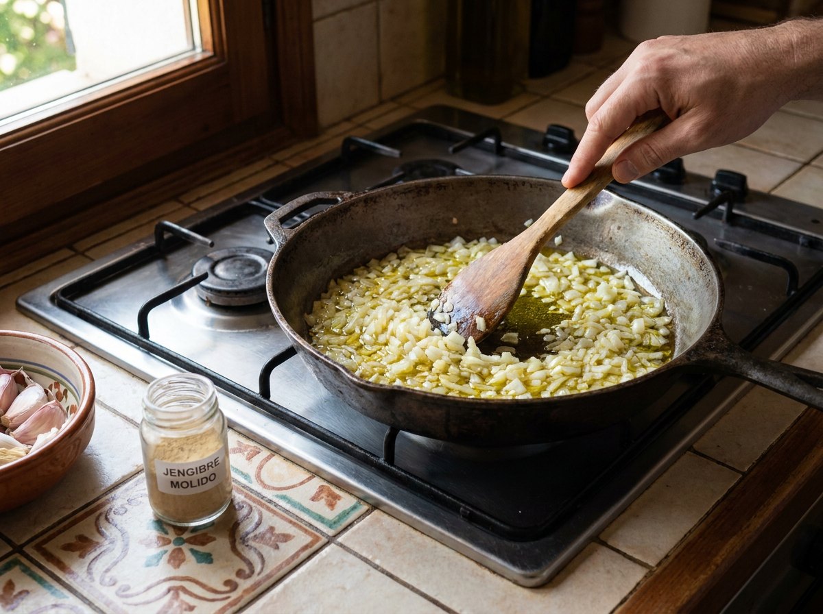 Pocha la cebolla con jengibre
