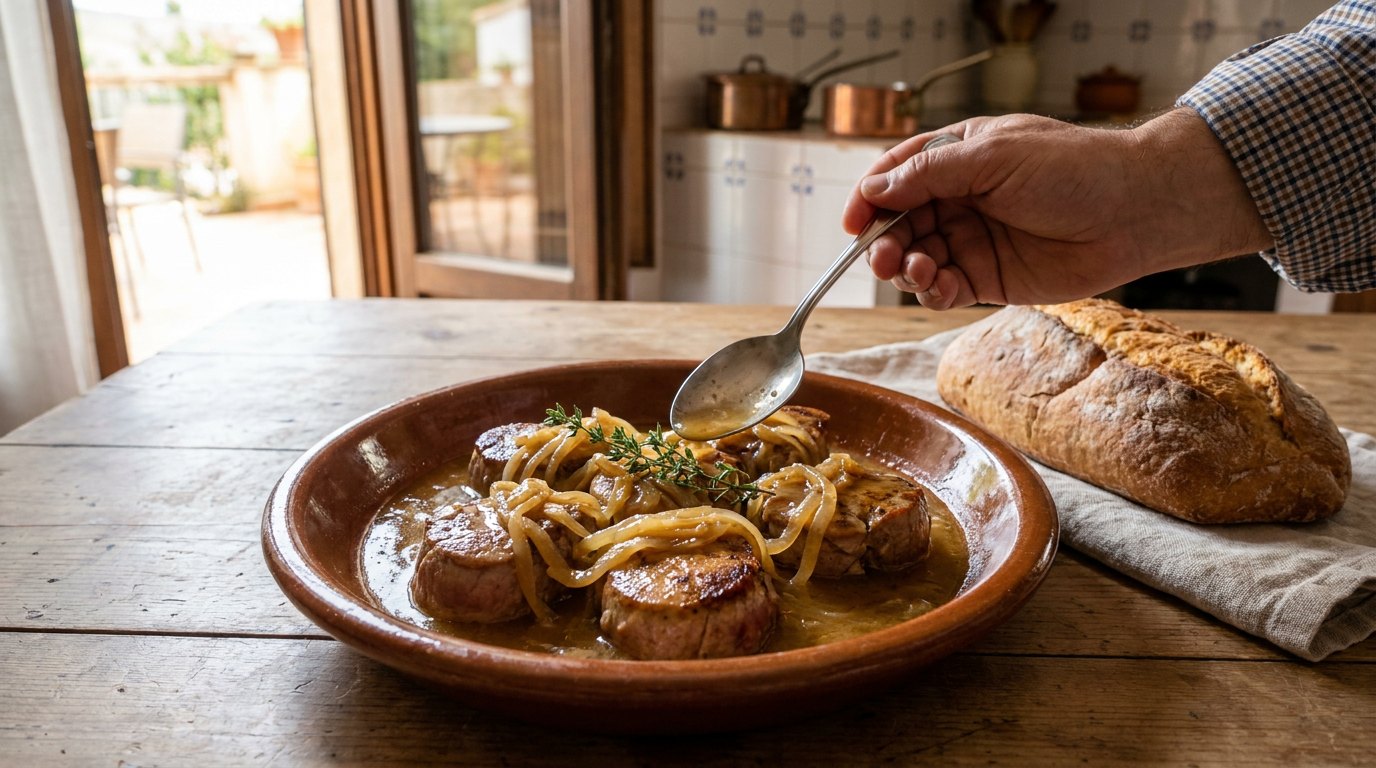 Solomillo de cerdo en salsa de cebolla y vino blanco