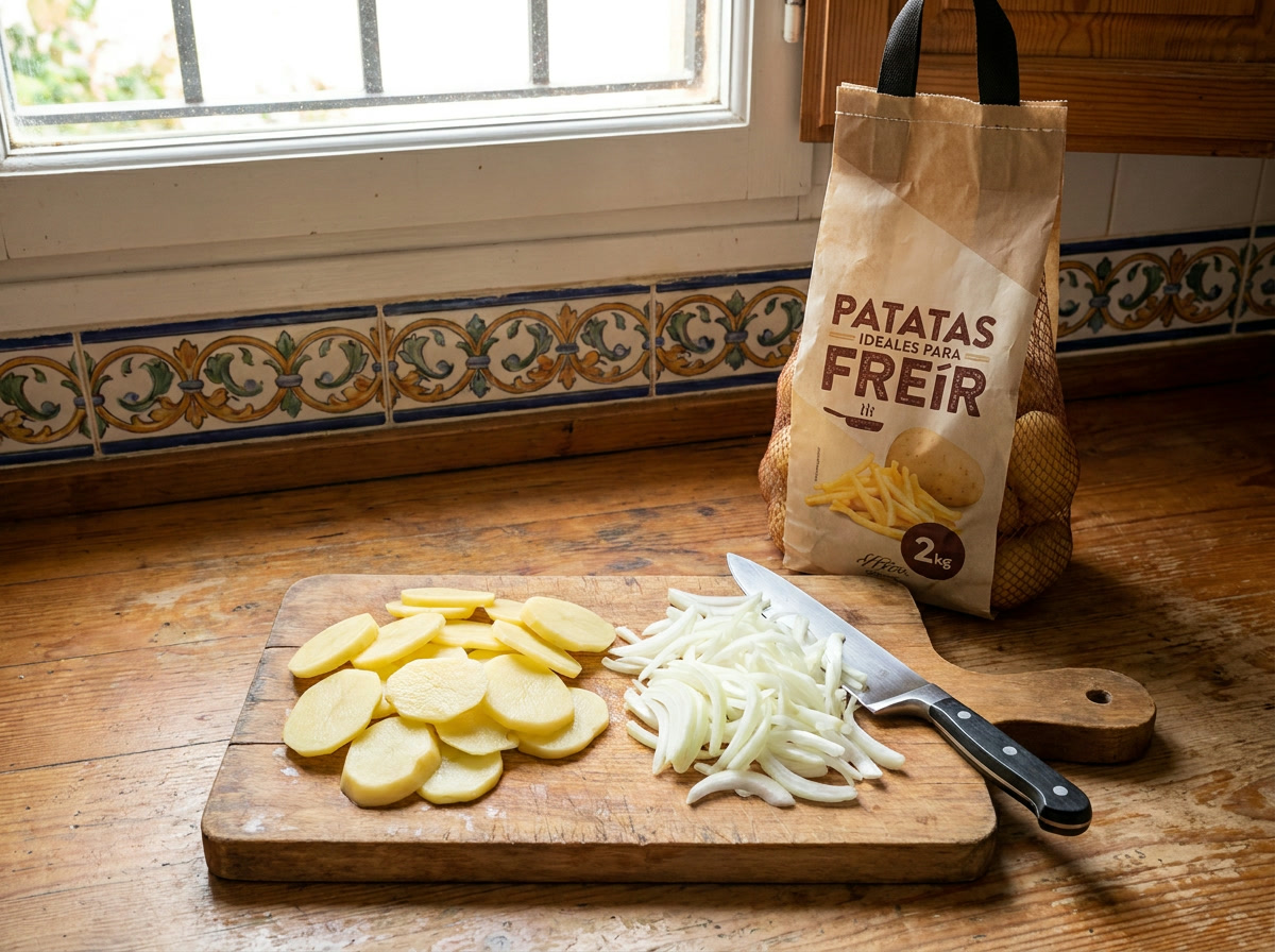 Corta las patatas y la cebolla